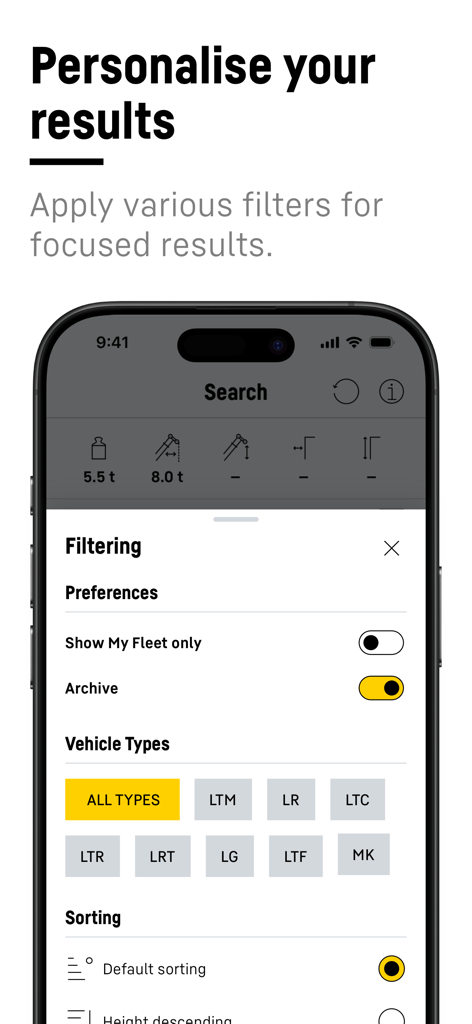 Crane Finder - Personalized filtering interface in the Crane Finder app showing vehicle types and fleet preferences.