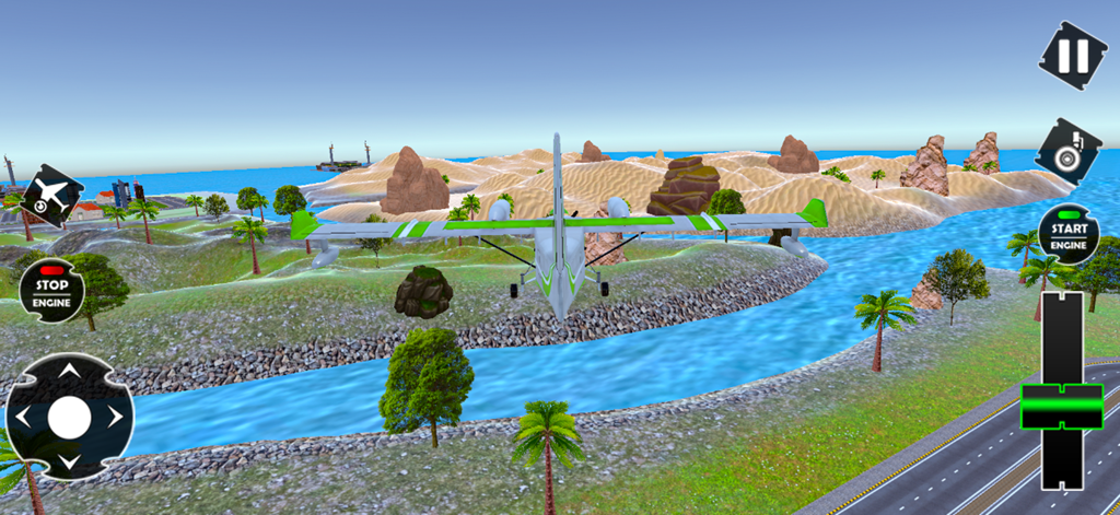 Airplane Simulator 3D Plane - 3D flight simulation gameplay showing a small plane flying over a tropical landscape with on-screen pilot controls