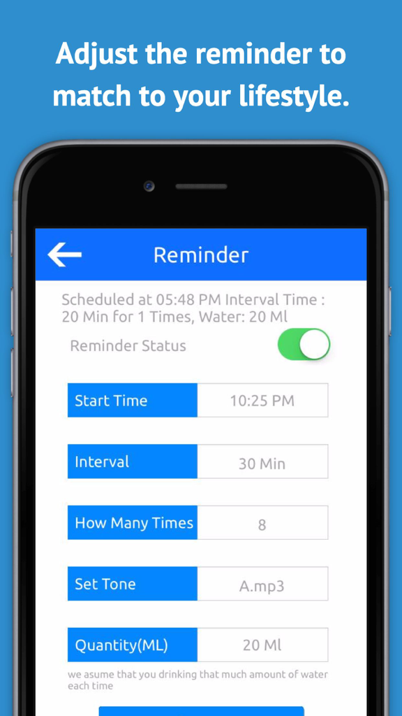 Drink Reminder - Water Alarm, Intake Log, and Daily Hydration Tracker for Wellbeing - Interface of the Drink Reminder app showing customizable hydration alarm settings like start time and interval.