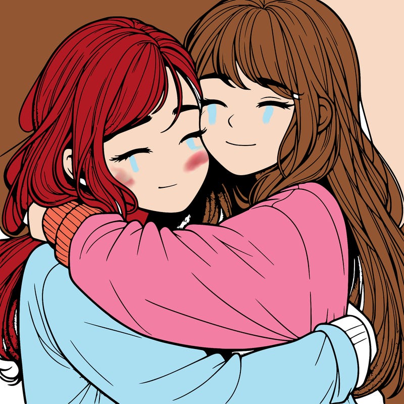 realistic two girls hugging