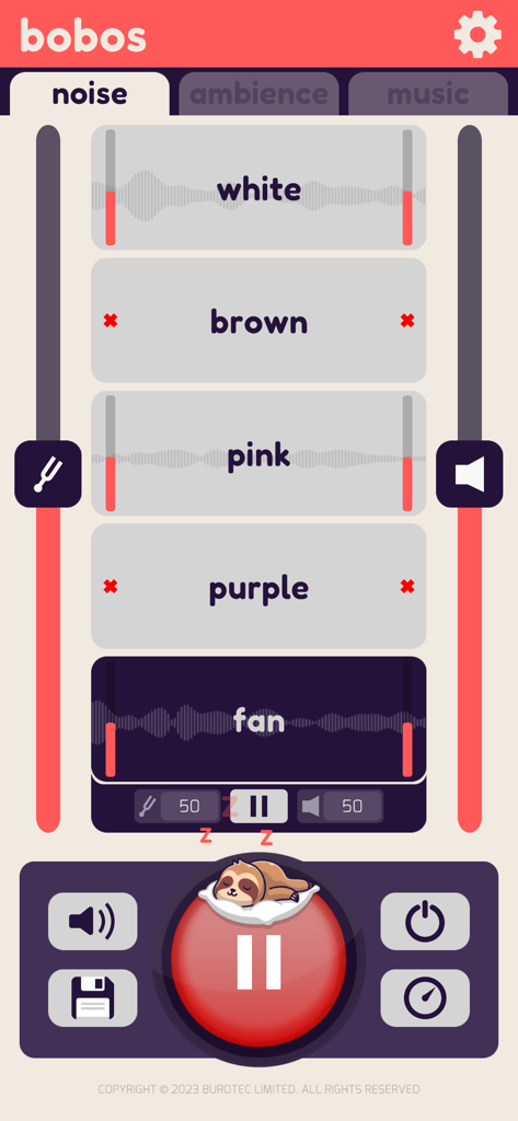 Fan App - Sleep Aid - User interface of the Fan App showing various color noise and fan sound options for sleep