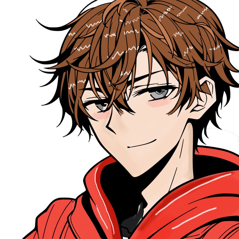 anime young man with mussed hair and sly grin