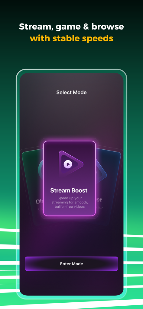 BOOST VPN app interface showing a Stream Boost feature for faster video streaming.
