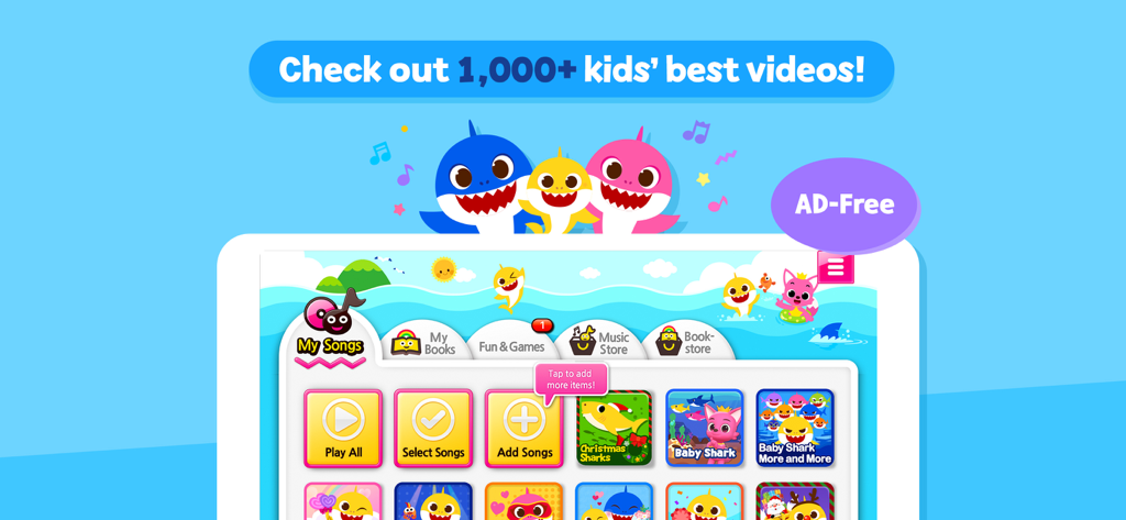 Captura de pantalla de la interfaz de la aplicación Baby Shark Mejores Canciones Infantiles con videos sin publicidad y rimas infantiles para niños