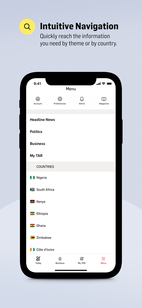 Interface of The Africa Report app showing its intuitive navigation menu with news categories and African countries.