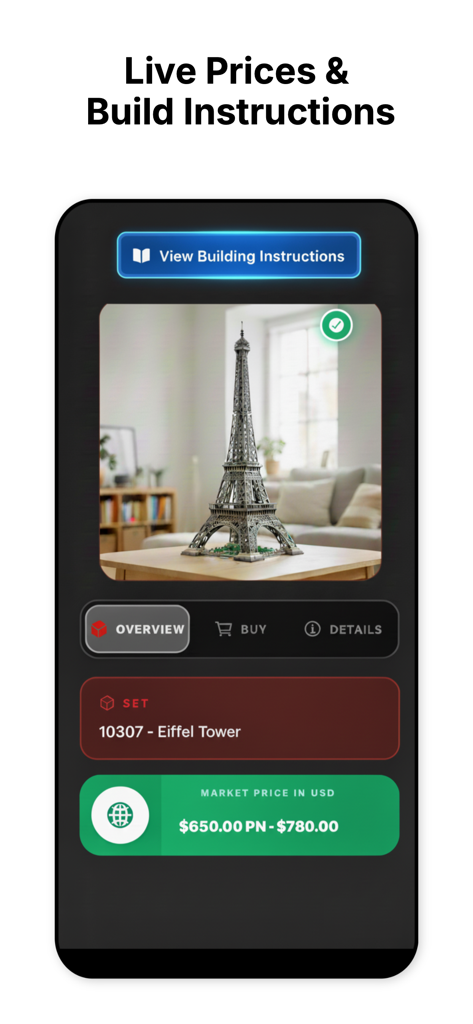 Scanner For Lego Sets - Interface do aplicativo móvel mostrando o preço de mercado e as instruções de montagem para um conjunto LEGO Torre Eiffel