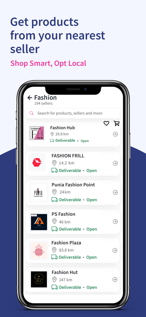 Mystore app interface showing nearby fashion stores with distance and status
