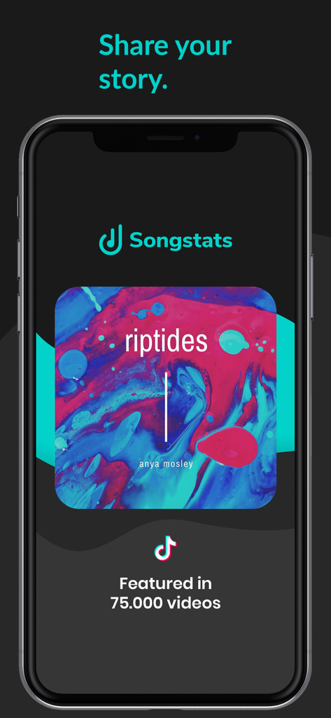 Songstats: Music Analytics - Schermata dell'app Songstats per la condivisione di un traguardo musicale di 75.000 video TikTok