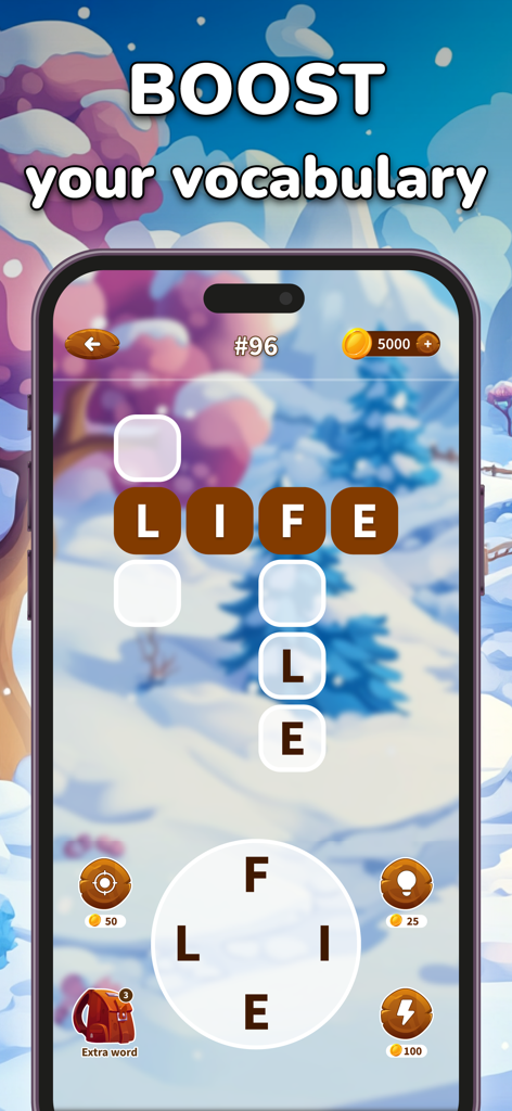 Smartphone screen showing a winter themed crossword level in the Cross Words app with the text boost your vocabulary.
