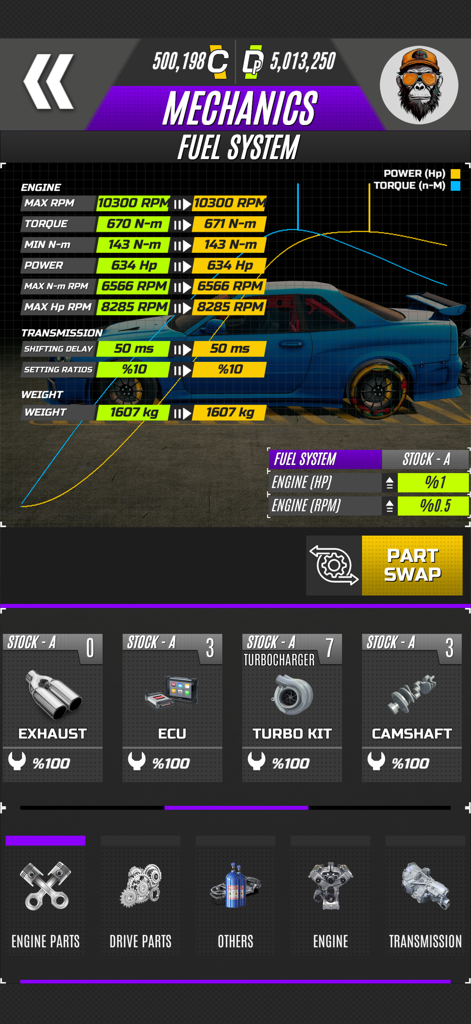 Project DRAG : Online - Detailed car mechanics and tuning menu in Project DRAG Online showing engine stats and upgradeable parts like turbo kits and ECUs
