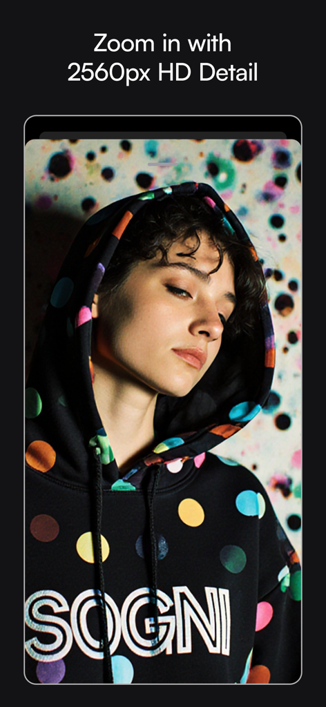 Sogni - AI Art Generator - Close up view of a woman wearing a Sogni branded hoodie with colorful polka dots showing high definition AI art detail