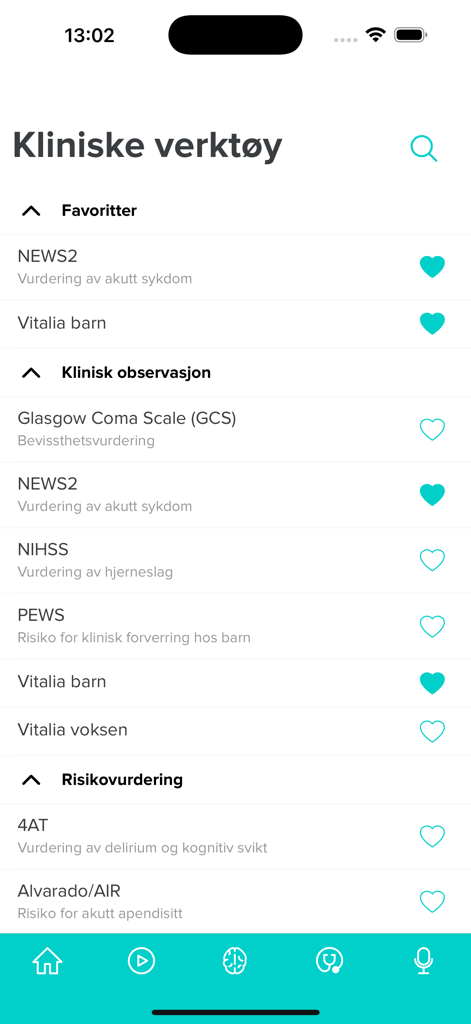 MedEasy - MedEasy app interface displaying a list of clinical assessment tools and medical scales