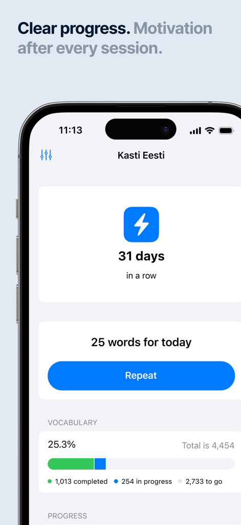 Kasti Eesti: Memorize Words - Dashboard of Kasti Eesti app showing a 31-day learning streak and vocabulary progress bar for Estonian words