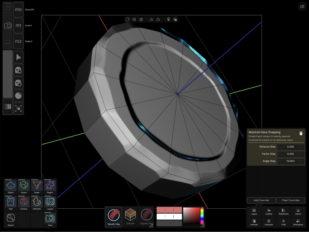Uniform - 3D Editor - Uniform 3D Editor interface showing a cylindrical model with snapping settings.