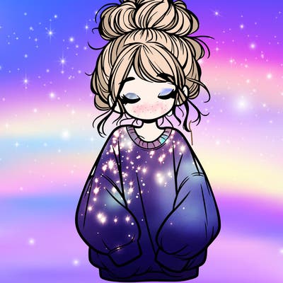 girl with baggy sweatshirt and messy bun