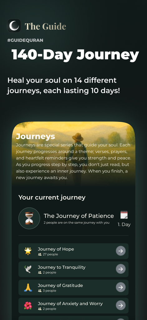 The Guide: Quran Companion - Interface do The Guide app mostrando jornadas espirituais de 140 dias com temas como paciência, esperança e gratidão