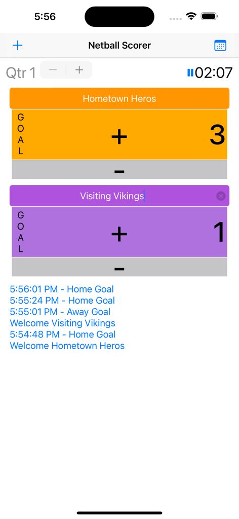 Interface of Netball Scorer app displaying live score, team names, and match timer.