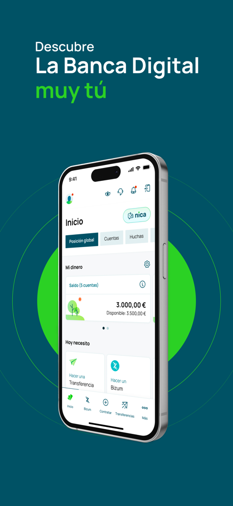 Interfaz de la aplicación bancaria Unicaja en la pantalla de un smartphone que muestra el saldo de la cuenta y los servicios financieros.