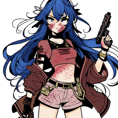 bad girl wearing crop top holding a gun long hair anime