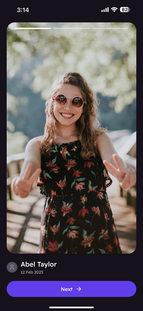 Personalized photo greeting screen in the YAY Moments app featuring a smiling user