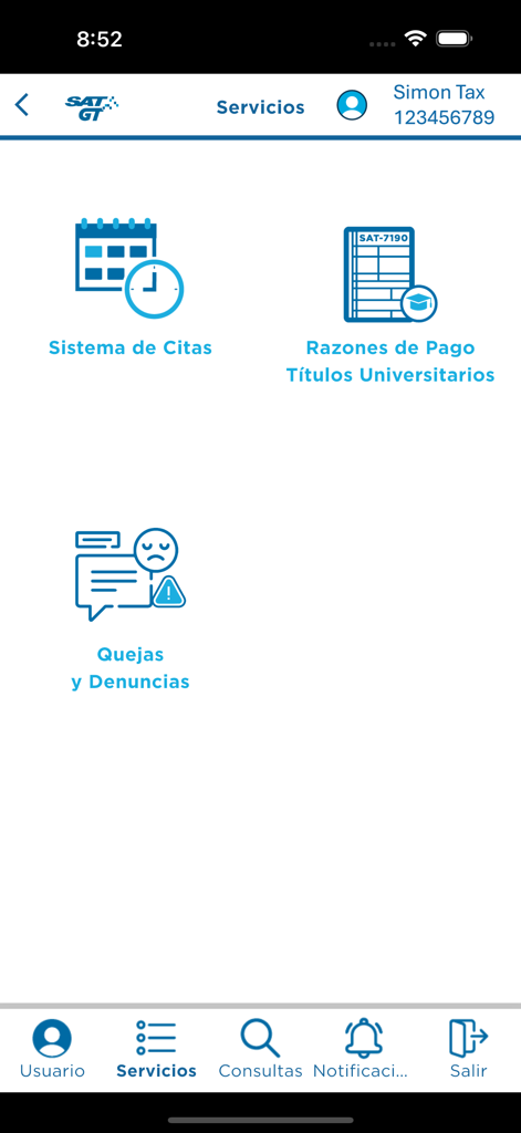 SAT GT - SAT GT app services screen showing appointment system and complaints section