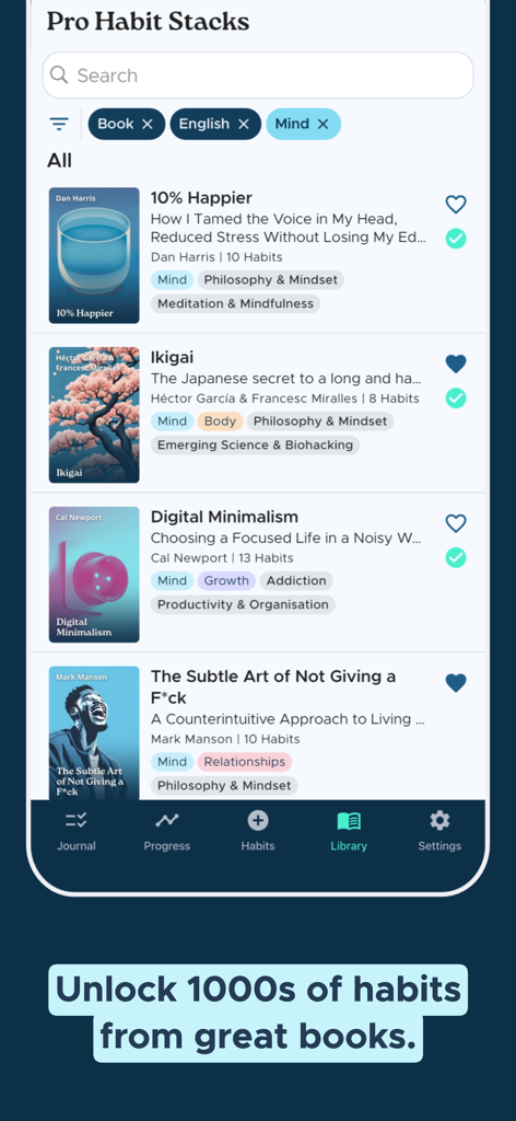glue - new habits that stick - Glue app interface showing a library of habit plans based on popular books like Ikigai and Digital Minimalism.