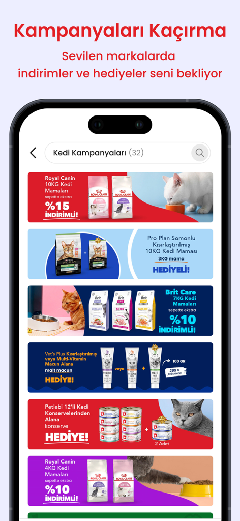 Petlebi - Uno schermo mobile dall'app Petlebi che mostra molteplici banner di sconto e offerte promozionali per vari marchi di cibo per gatti