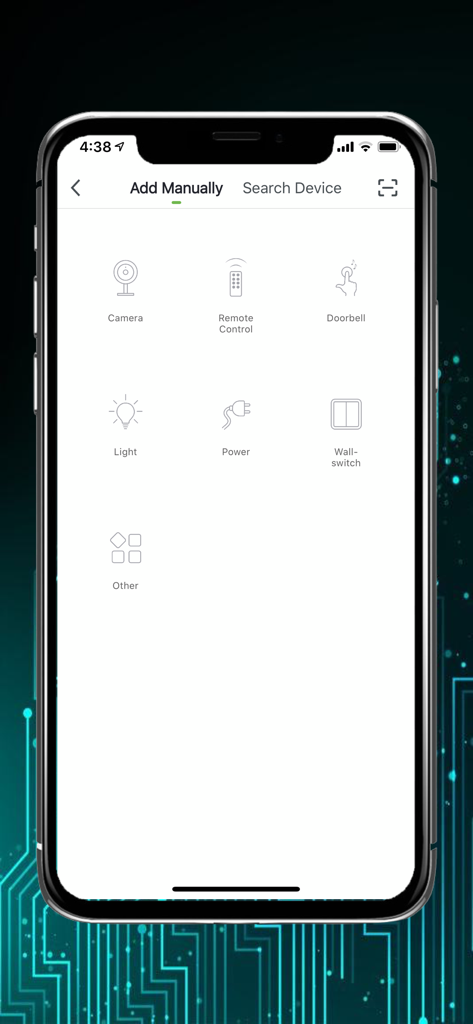 DELTACO SMART HOME - Schermata dello smartphone che mostra il menu Aggiungi Manualmente nell'app Deltaco Smart Home con icone per vari dispositivi smart come telecamere e luci.