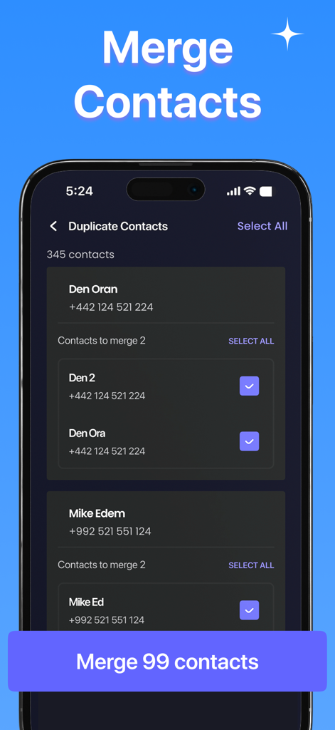 Interfaz de la aplicación del iPhone mostrando contactos duplicados siendo fusionados para una mejor organización