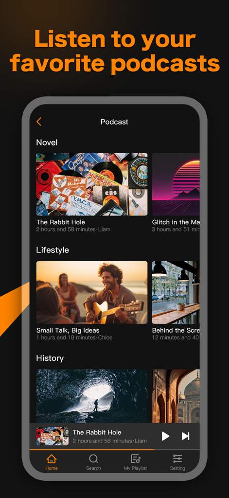 Music X app screen displaying podcast categories including Novel and Lifestyle sections