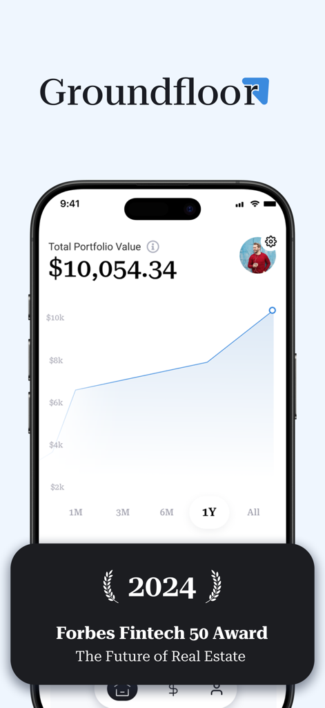 Groundfloor: Invest In Homes - Groundfloor mobile app interface showing a 10,054 dollar portfolio value growth chart and the 2024 Forbes Fintech 50 Award badge.