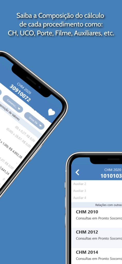 PMED - Preço Médico TUSS CBHPM - Duas telas móveis do aplicativo PMED mostrando detalhes de cálculo de faturamento médico e códigos de procedimento