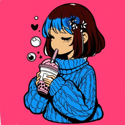 manga girl drinking boba in cozy sweater
