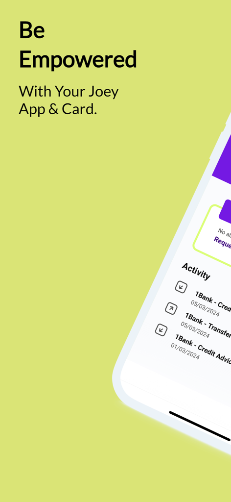 Joey: Teen Banking - Screenshot del feed delle attività dell'app di banking per adolescenti Joey con il testo Sii Potenziato