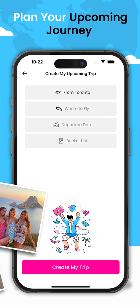 Tripper - Travel mate finder - Interface do aplicativo Tripper mostrando a tela Criar Minha Próxima Viagem com campos para cidade de partida e destino.