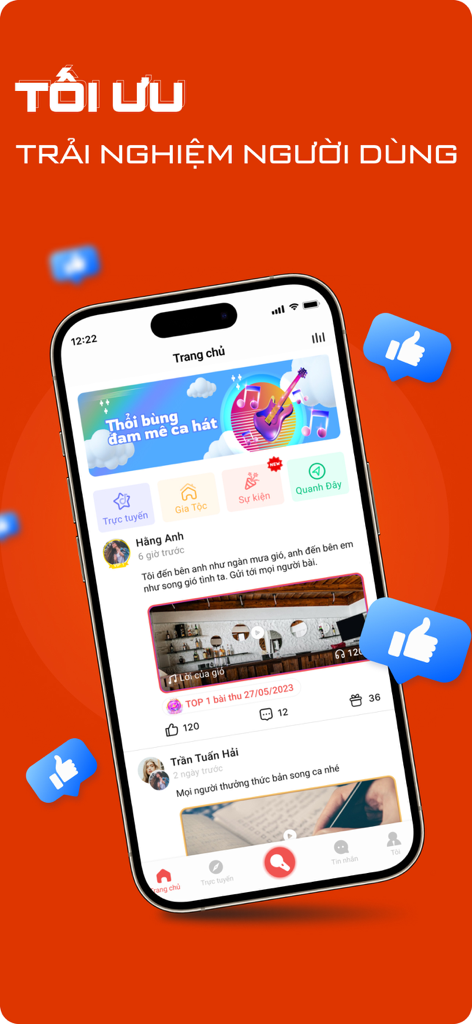 Yokara - Sing Karaoke Record - Yokara karaoke app interface showing the home feed with social posts and floating like icons