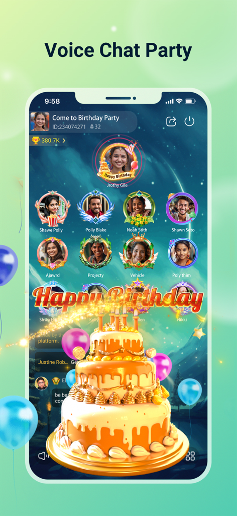 Hapi-Group Voice Chat - Hapi app group voice chat interface showing a virtual birthday party room with avatars and a 3D cake.