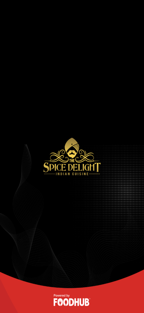 Écran de démarrage de l'application The Spice Delight Cuisine Indienne présentant le logo doré sur fond sombre propulsé par Foodhub