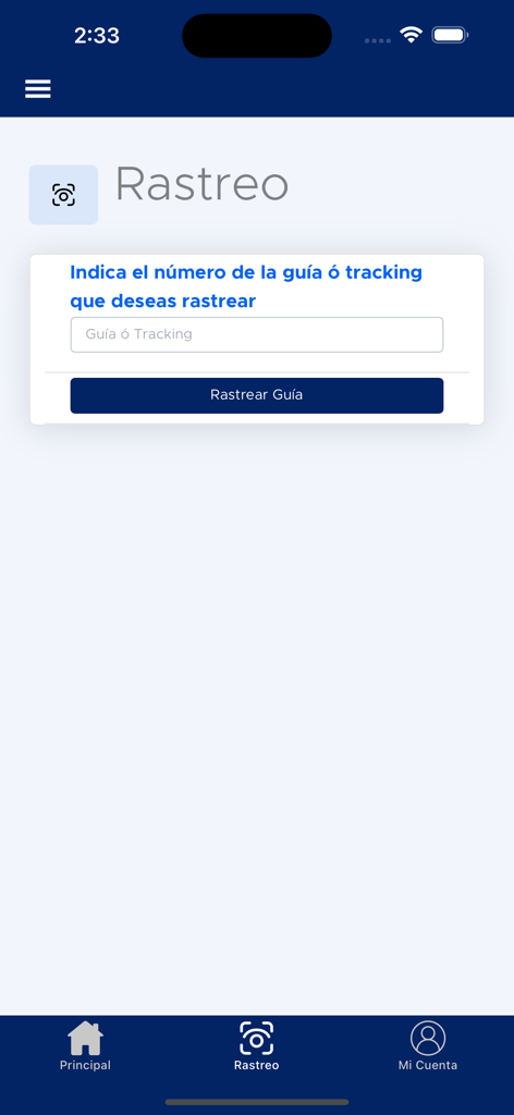 Liberty Express app interface showing the package tracking screen with an input field for tracking numbers in Spanish.