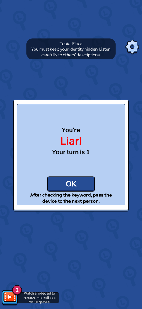 Gameplay screen of Liar Game Global showing a player assigned as the Liar for a match