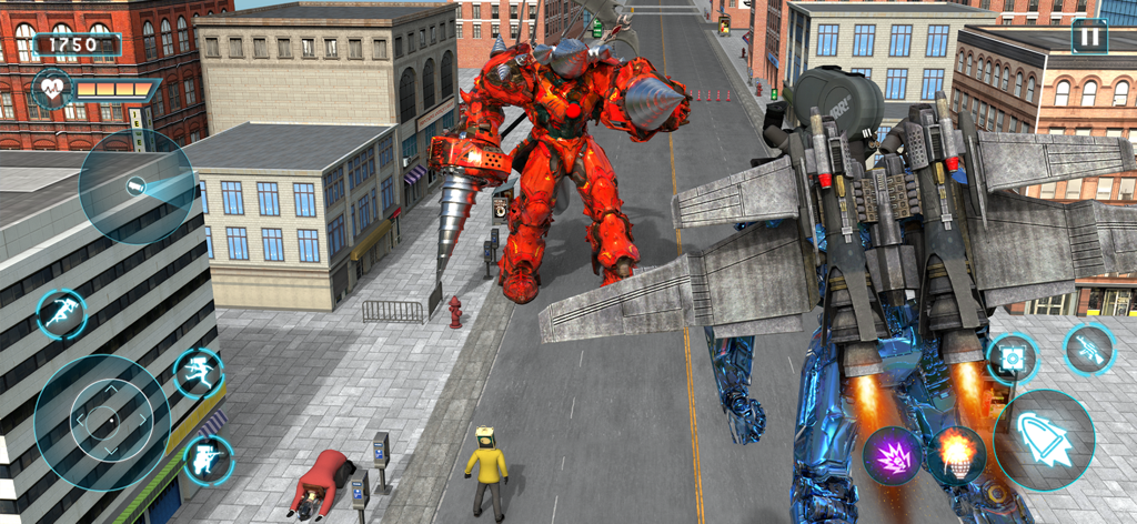 Toilet Rope Monster Game 3D - A blue jetpack robot flying towards a giant red drill monster in an urban city street.