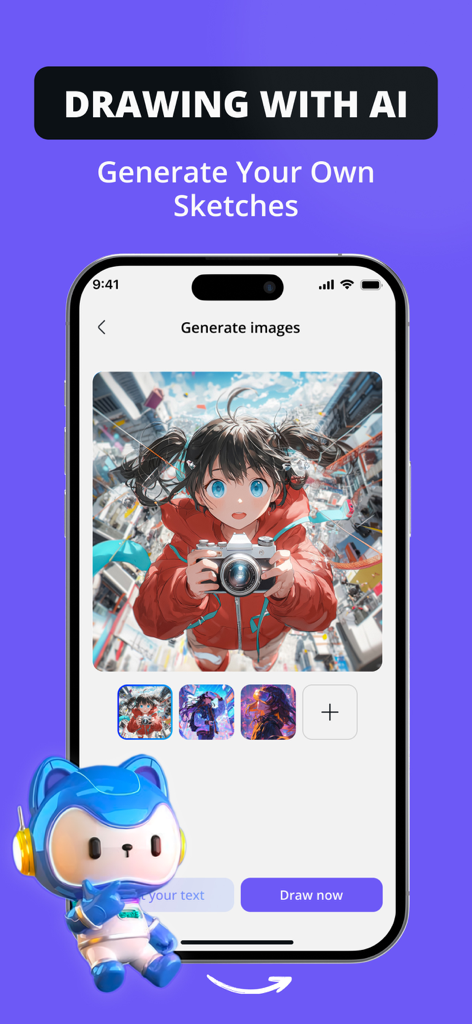 Sketchify app interface showing the AI image generation feature with an anime style character
