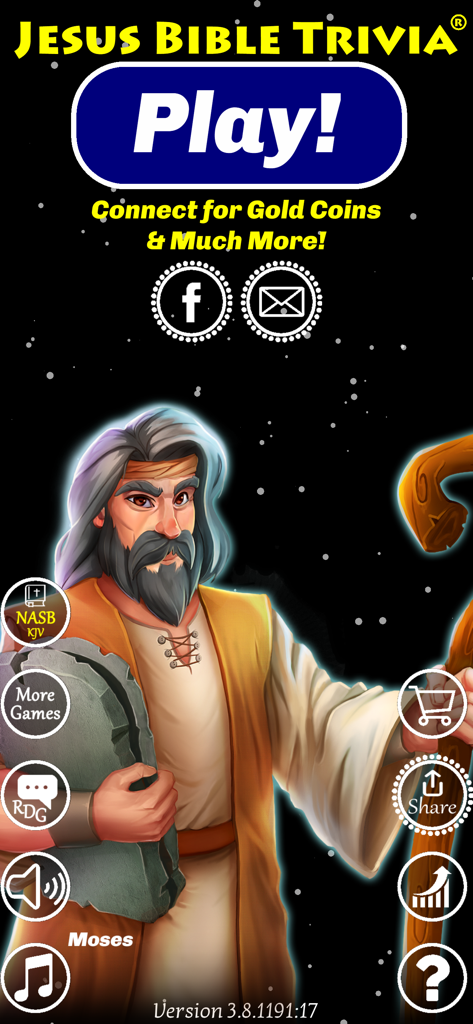 Jesus Bible Trivia Games Quiz - Main menu screen of the Jesus Bible Trivia app featuring an illustration of Moses holding the Ten Commandments with a large Play button