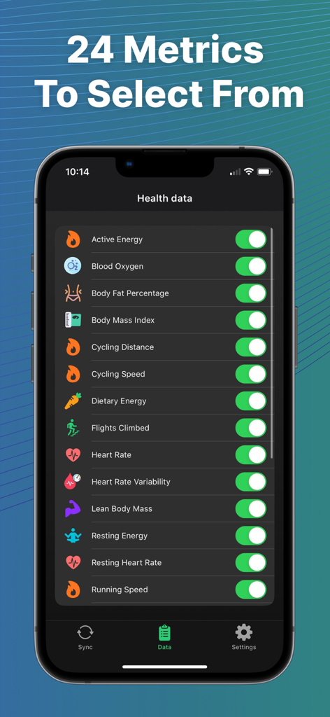 A list of 24 health metrics available to sync from Fitbit to Apple Health on an iPhone screen.