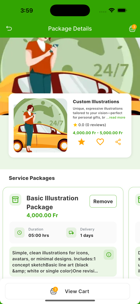 QwickServices - Package details screen in the QwickServices app showing pricing and description for custom illustration services