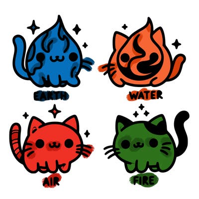 4 cats that represent the different elements, earth, water, air, and fire