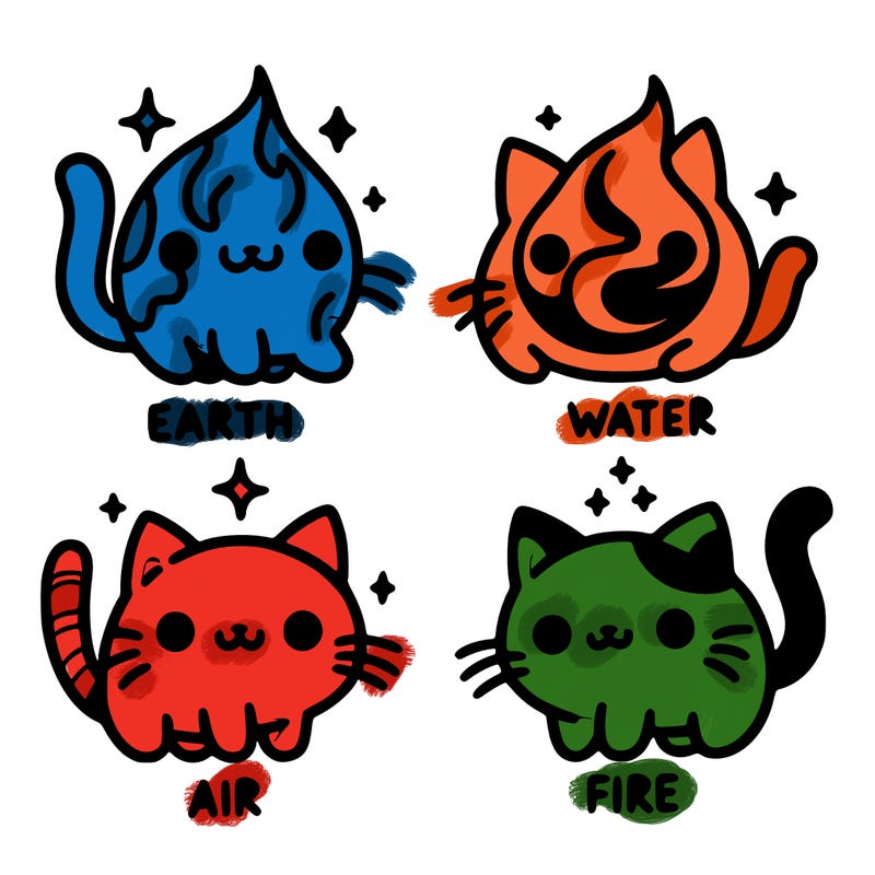 4 cats that represent the different elements, earth, water, air, and fire