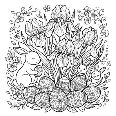 Bring the beauty of spring and the joy of Easter to life with this delightful coloring page for kids. Featuring elegant blue irises, playful bunnies, and beautifully patterned eggs, it's perfect for young artists aged 4-8.