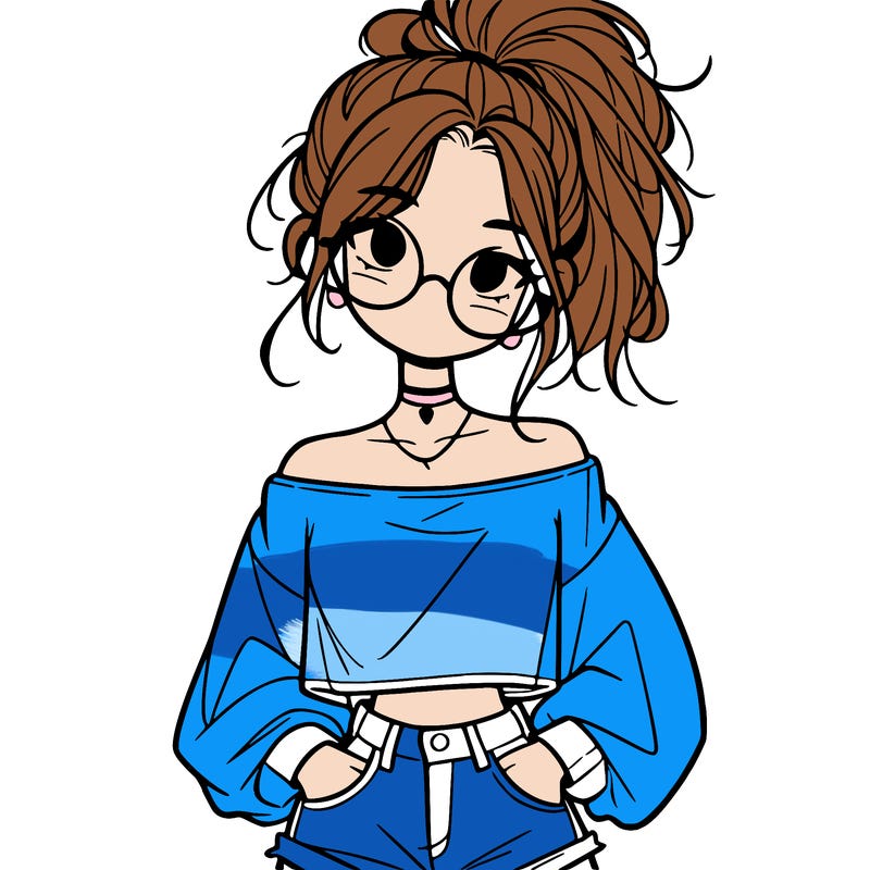 girl with a messy ponytail glasses a baggy crop top and jean shorts