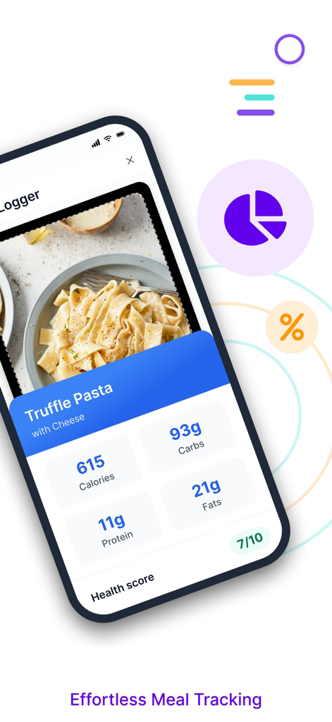 Ai Food Scanner - Snap Calorie - Mobile app interface showing AI food scanner analyzing calories and macros for a plate of truffle pasta